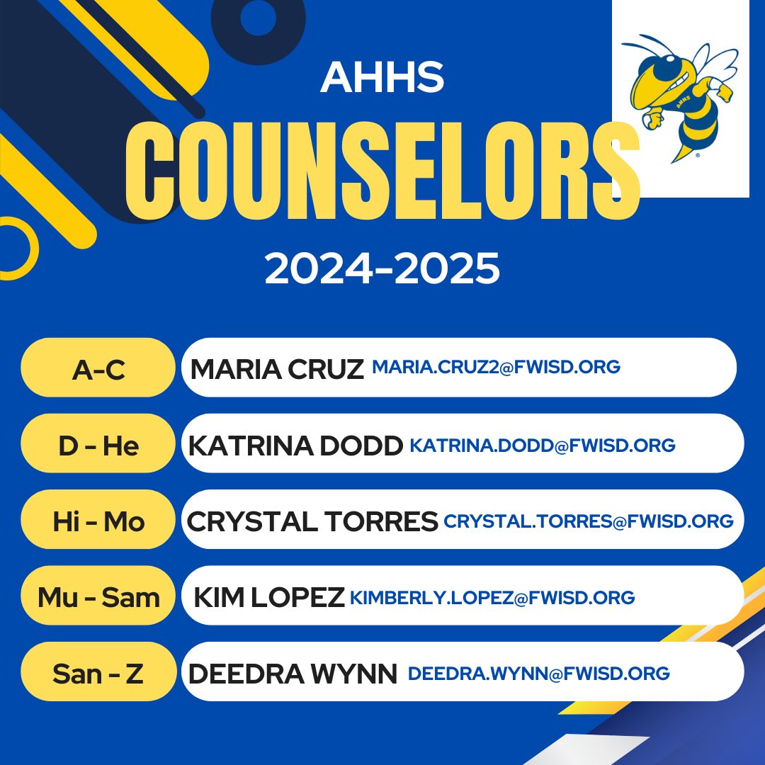 Need to know how to contact your Counselor? Email the Counselor assigned to the first letter of your last name 📧
<a href="/HeightsFWISD/">Arlington Heights High School</a> <a href="/drbarrettAHHS/">Justin Barrett</a>
<a href="/EducatorStrom/">Mel Strom</a> <a href="/anahiev/">Anahí Esparza Vallín</a> <a href="/MASerrano20/">Miguel Angel Serrano, Ph.D.</a> <a href="/amramsey13/">Angelica Ramsey, Ed.D.</a>
<a href="/AFBohannon/">Alicia Bohannon</a>
<a href="/FortWorthISD/">Fort Worth Independent School District</a>
