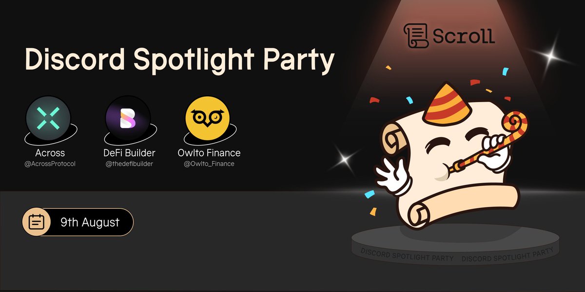 Scroll (@scroll_zkp) on Twitter photo π This Friday, we're throwing a party you won't want to miss!
Join our Discord Spotlight Party to welcome 3 new projects into the Scroll ecosystem! It's your chance to meet the teams behind <a href="/AcrossProtocol/">Across</a>, <a href="/thedefibuilder/">DeFi Builder</a> and <a href="/Owlto_Finance/">Owlto Finance(π¦ππ¦)</a>, and ask your burning questions! π« π This Friday, we're throwing a party you won't want to miss!
Join our Discord Spotlight Party to welcome 3 new projects into the Scroll ecosystem! It's your chance to meet the teams behind <a href="/AcrossProtocol/">Across</a>, <a href="/thedefibuilder/">DeFi Builder</a> and <a href="/Owlto_Finance/">Owlto Finance(π¦ππ¦)</a>, and ask your burning questions! π«