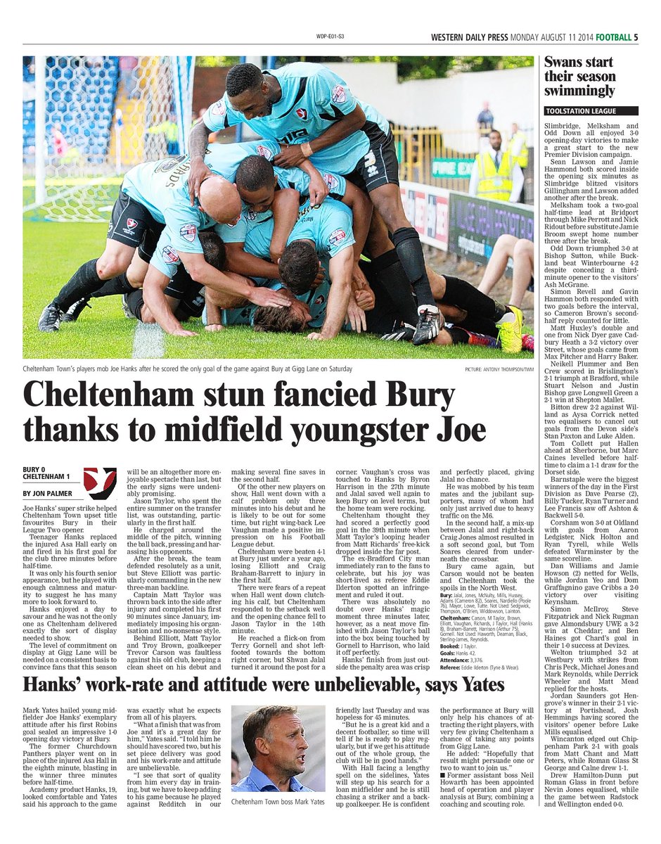 JonPalmerSport's tweet photo. 10 years ago today: @JoeHanks13's first Cheltenham Town goal secured an opening day win at Bury. #ctfc have not won their first league game of a campaign since https://t.co/9YvQhqVChA
