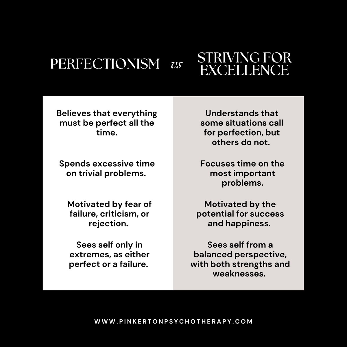 PinkertonPsych's tweet photo. Perfectionism causes challenges such as difficulty making decisions, difficulty with commitment, and avoidance of risks and new experience out of fear of failure. With therapy, you can explore your strengths, develop more balanced thinking, and improve self-esteem. https://t.co/HsKfz7CsU9