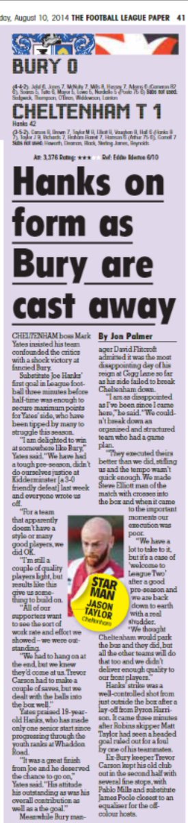 JonPalmerSport's tweet photo. 10 years ago today: @JoeHanks13's first Cheltenham Town goal secured an opening day win at Bury. #ctfc have not won their first league game of a campaign since https://t.co/9YvQhqVChA