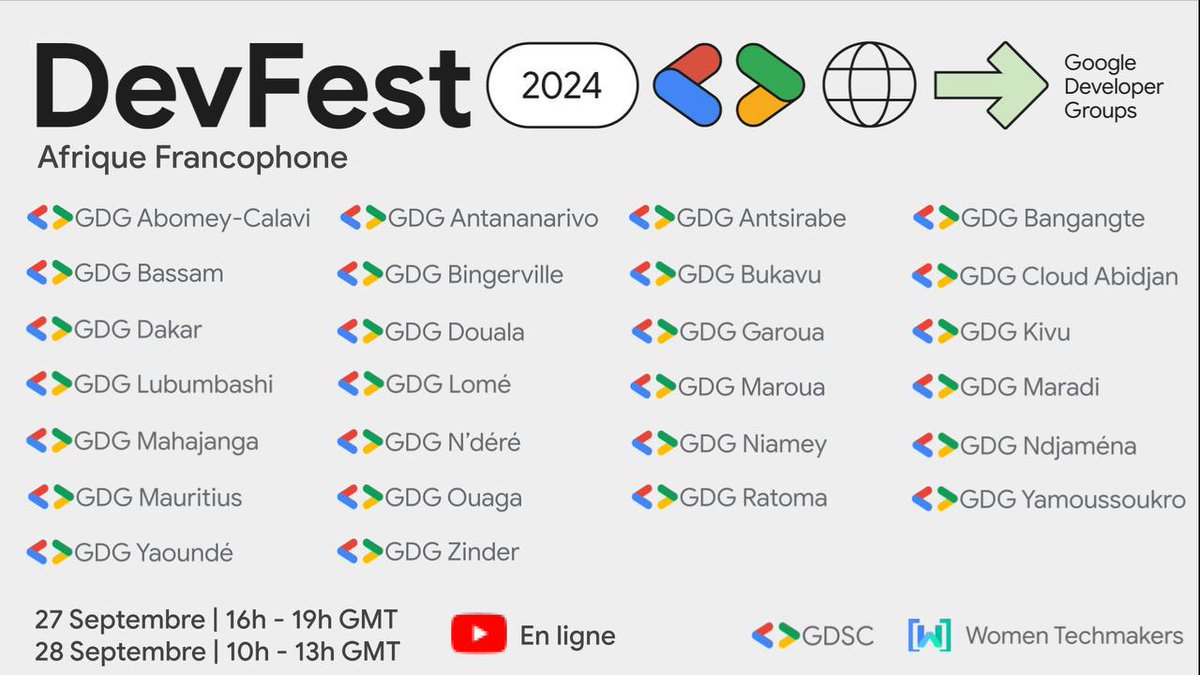 Une première dans l'histoire !!!

Les GDGs de l'Afrique francophone organisent en ligne, le DevFest Afrique Francophone  2024.

Vivez une nouvelle expérience du DevFest les 27 et 28 Sept 2024 en direct sur YouTube avec +20 communautés.

Inscription ici : gdg.community.dev/e/mr297m/