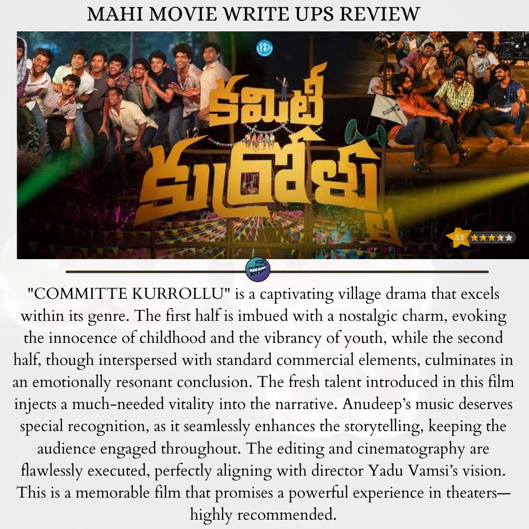 MahiMVWriteups's tweet photo. Konchem second half commercial treatment thagginchunte Deffinately a masterpiece...

#MMWRATING:- ⭐⭐⭐½

#CommitteeKurrollu Review 👇

@IamNiharikaK @PinkElephant_P @SRDSTUDIOS_ @yadhuvamsi92 @eduroluraju @anudeepdev @anwaraliedit @manyam73 @urs_jdmaster @connect2vamsi https://t.co/de3kIV4x9q