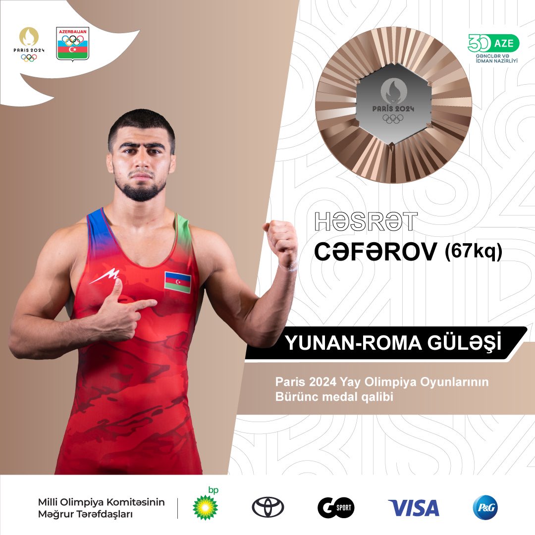 Həsrət Cəfərov bürünc medal qazandı!!🥉🇦🇿

Yunan-Roma güləşçimiz Həsrət Cəfərov Qırğızıstan təmsilçisi Amantur İsmayılova qalib gələrək bürünc medalın sahibi oldu! 👏🏻

Mübarizə əzmi və qətiyyəti ilə Həsrət, bizə növbəti qələbə sevincini yaşatdı. Təbriklər! ❤️‍🔥
#TeamAZE #Paris2024