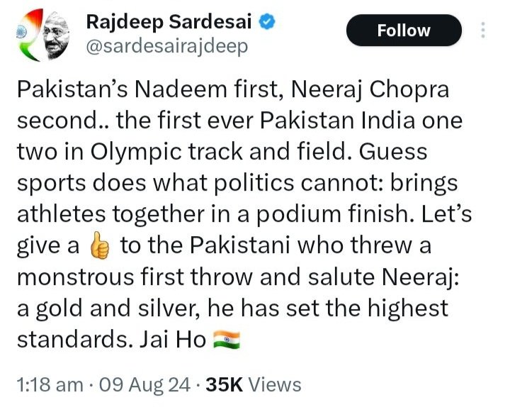VarunKrRana's tweet photo. The Unofficial Pakistani High Commissioner also praised Neeraj Chopra. https://t.co/w1r1YDHGJj