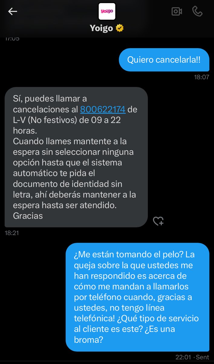 robgampue's tweet photo. Me quejé porque @yoigo  me dice que tengo que llamarlos por teléfono para cancelar mi cuenta, cuando el motivo de la cancelación es que nunca recibí el chip y no tengo línea. O sea que los llame sin tener línea. ¿La nueva solución? Que los llame por teléfono!! https://t.co/9jbbz4Ywor