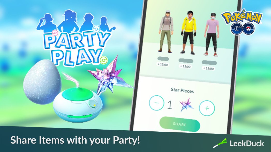 LeekDuck's tweet photo. Trainers can now share Incense, Star Pieces, and Lucky Eggs with their Party. Each member of the Party will get half the normal duration of the item per item used. 

The duration is always half, regardless of the number of members in the party. https://t.co/p1MGCbahDG