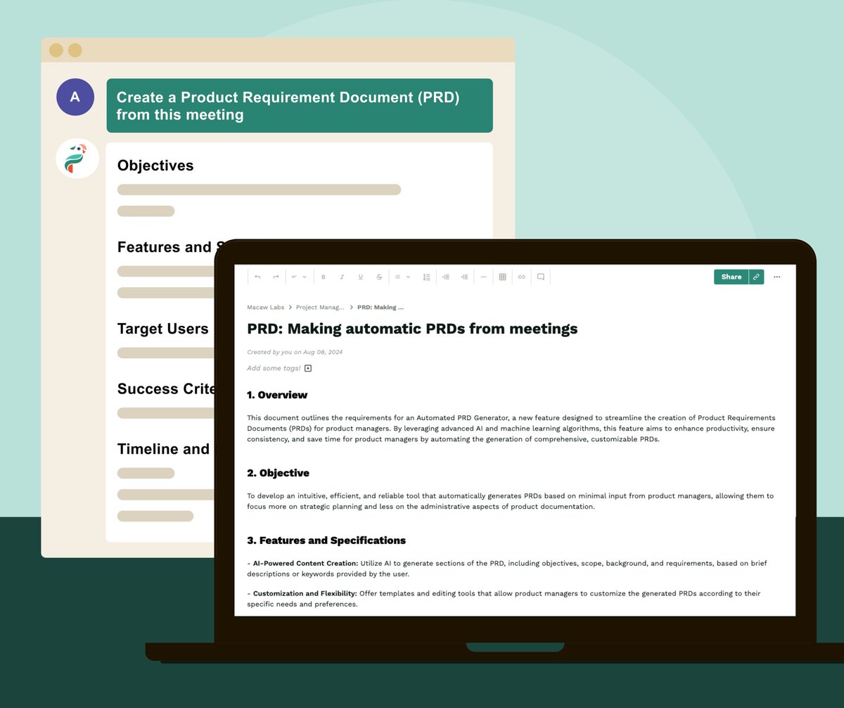 Parrot AI was built to help product managers keep up with changing user needs and market trends. Use it to collect customer feedback, delegate tasks and even create PRDs.

Learn more about how to create a PRD in Parrot AI: parrot.ai/parrot-ai-for-…