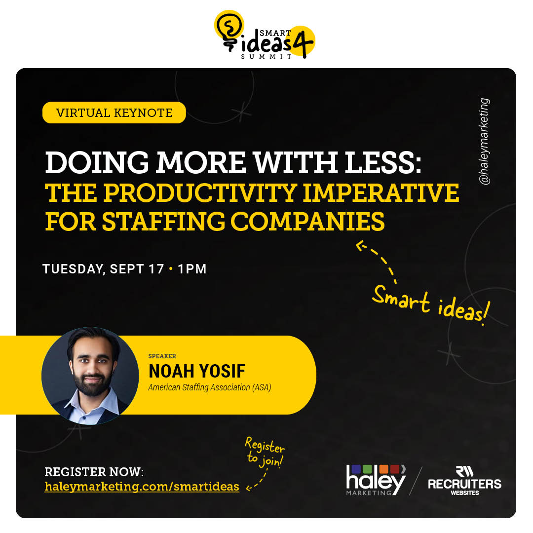 haleymarketing's tweet image. 🗓️ Tuesday, September 17, 1:00 p.m. ET 

Join Noah Yosif from American Staffing Association at SMART IDEAS Summit 4! Learn powerful strategies to boost productivity in staffing. 

Reserve your free spot now: nsl.ink/e16V

#StaffingSuccess #SmartIdeasSummit