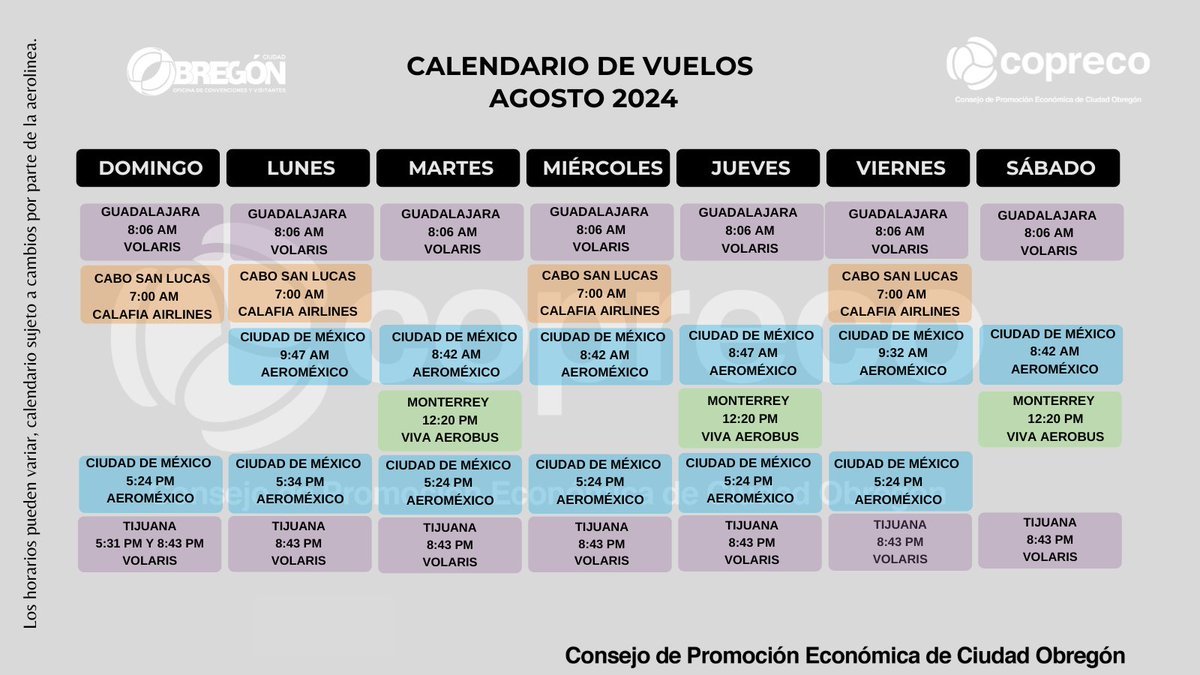 AGOSTO 🌞
Consulta el calendario de #vuelos desde el #AeropuertoInternacional de #CiudadObregón. 📷 Revisa horarios y compra tus boletos en: 
Volaris
Aeroméxico
Vivaaerobus
Calafia Airlines  
 
#ViajaSeguro #VuelosCdObregón #Agosto