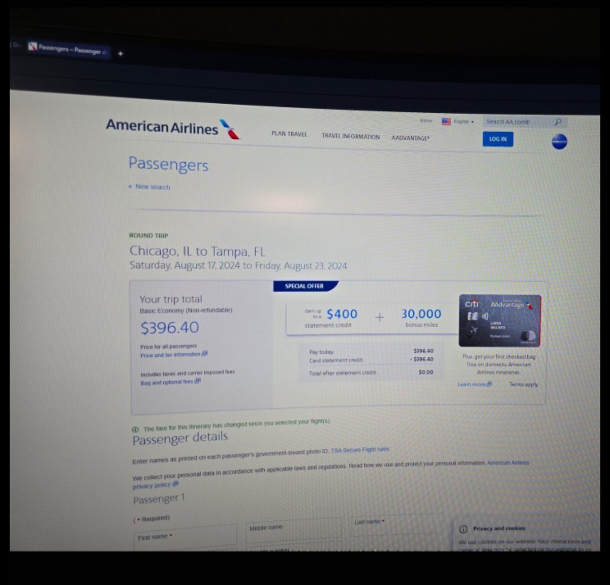 cRc5589's tweet photo. @AmericanAir @Citi Do not ever sign up for anything Citibank or American airlines credit card It is 100% of bait and switch. Look at the attached picture This is the exact offer I clicked on. I Also read the terms and conditions the $400 flight credit was in there. They say no. https://t.co/QgRBomTJZb