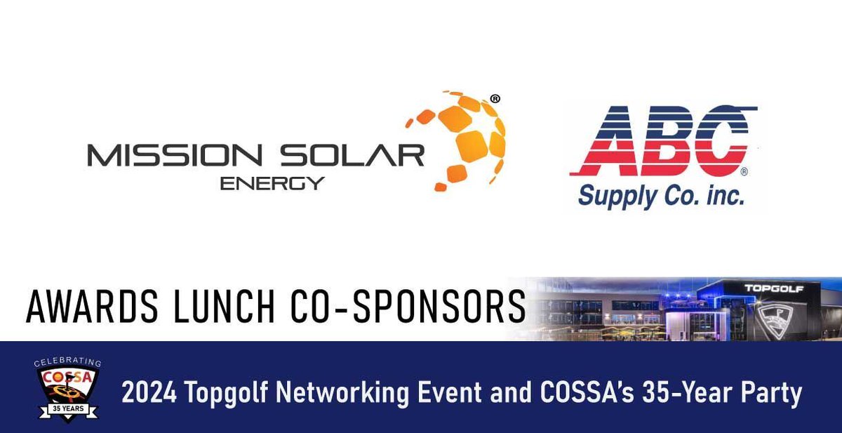 COSSA (@cosolarstorage) on Twitter photo A BIG thank you to <a href="/MissionSolar/">Mission Solar Energy</a> + ABC Supply Co. for being the dynamic sponsorship duo of the 2024 Topgolf Solar and Storage Champions Awards Lunch! Meet members of these outstanding teams Aug. 22nd in Thornton #TG24 #COsolar #SolarAndStorage topgolf.cossa.co A BIG thank you to <a href="/MissionSolar/">Mission Solar Energy</a> + ABC Supply Co. for being the dynamic sponsorship duo of the 2024 Topgolf Solar and Storage Champions Awards Lunch! Meet members of these outstanding teams Aug. 22nd in Thornton #TG24 #COsolar #SolarAndStorage topgolf.cossa.co