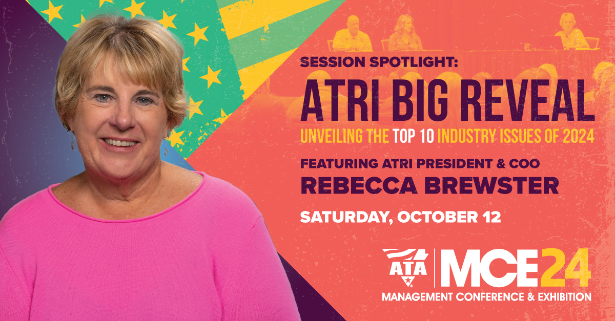 TRUCKINGdotORG's tweet photo. What are trucking's top challenges and how can the industry address them? Find out during the ATRI Big Reveal at #ATAmce24! 

ATRI's Rebecca Brewster will unveil the final results of the annual Top 10 Industry Issues Survey and much more. 

Join us 👉 https://t.co/zjxlzFyAHv https://t.co/jru76bSkDn