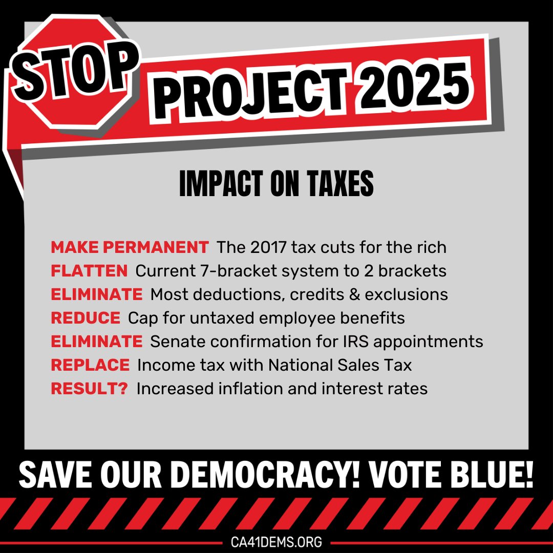 More Unfair Taxes! Project 2025’s tax system overhaul makes the 2017 cuts permanent, goes to a flat tax, cuts deductions, then eliminates income tax in favor of sales taxes and tariffs. So, shifting EVEN more taxes from the rich to the middle class!
VOTE BLUE to protect families.