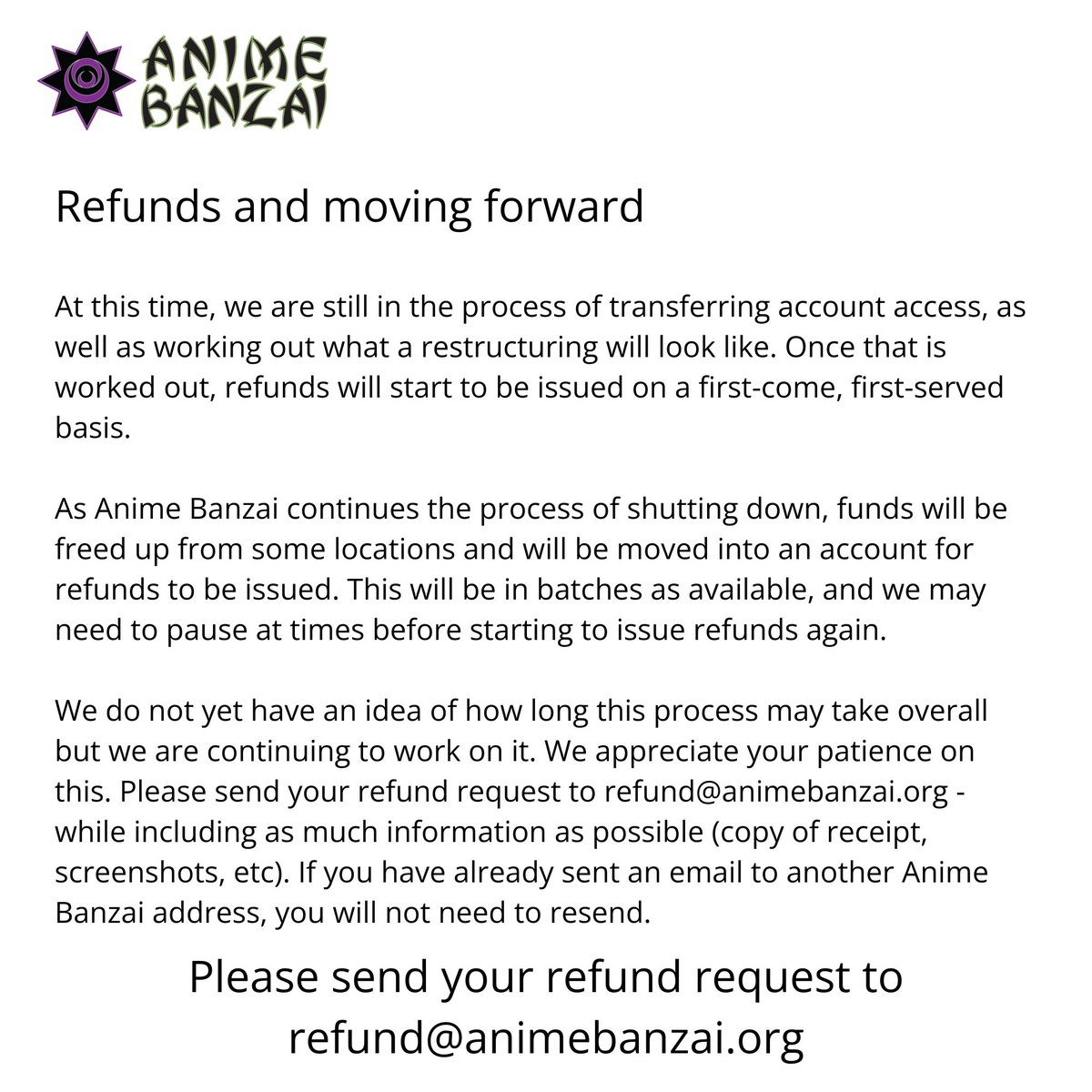 AnimeBanzai's tweet photo. Please send your refund request to refund@animebanzai.org. If this email is down, please use board@animebanzai.org as an alternate. https://t.co/qybVVepG7P