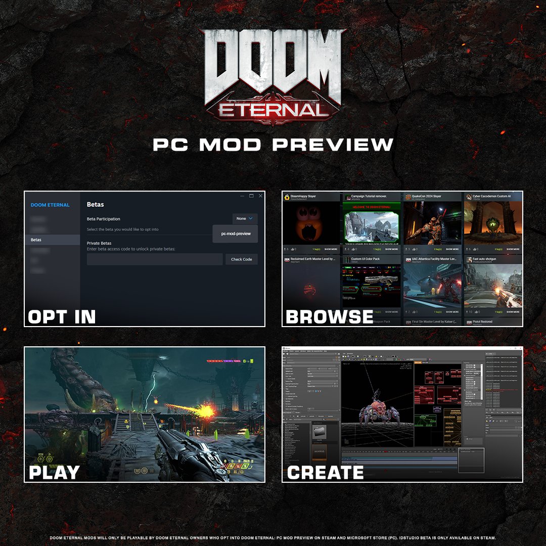 DOOM's tweet image. DOOM Eternal: PC Mod Preview now available on @Steam and soon on @MicrosoftStore as part of Update 6.66 Rev 3&apos;s optional opt-in.
More info + FAQ: beth.games/3WS6AMF