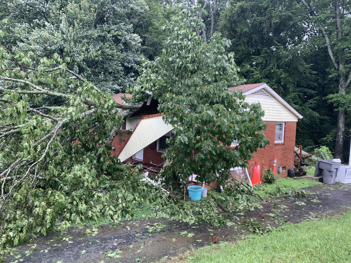 This is scary! An 8-year-old girl was at the front of this west Charlotte house when a tree fell on top of it this morning. She tells me a piece of the ceiling fell and hit her on the head. #cltwx