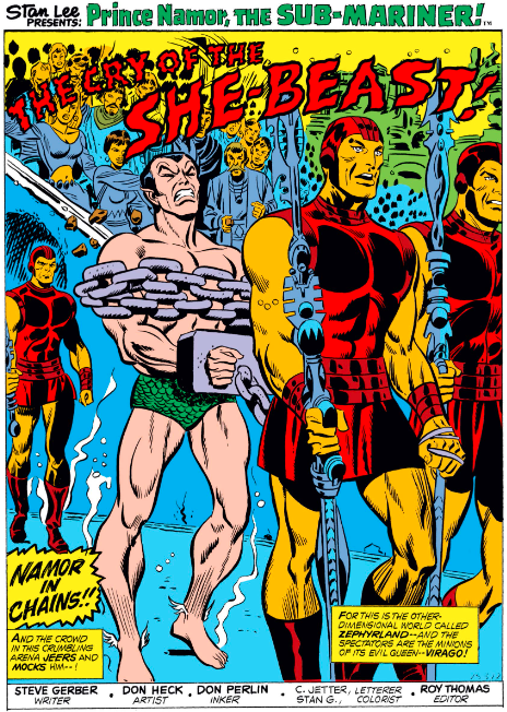 MarvelADay's tweet photo. #MarvelADay #SM65 Those are quite the chains Namor is sporting here as he's led to an arena for an encounter with Virago, the Queen of Zephyrland (not to be confused with Pepperland). - VA https://t.co/4Z1wdJzznX
