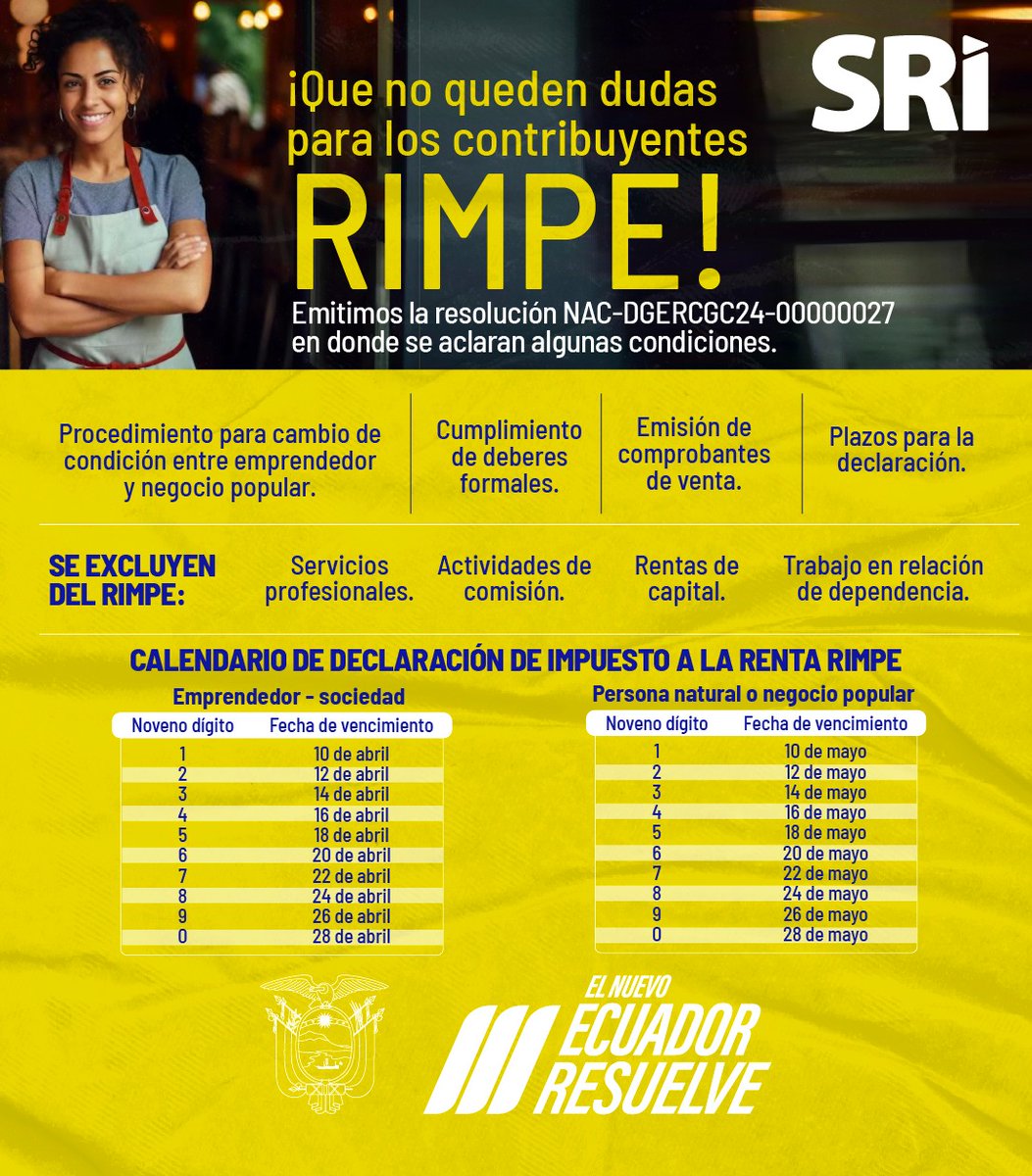 SRIoficialEc's tweet photo. 🚀 ¡Buenas noticias para los contribuyentes RIMPE!

📜 Conoce aquí ⬇️las nuevas normas que tiene el #Rimpe para facilitar el cumplimiento tributario.

#ElNuevoEcuadorResuelve https://t.co/iFCr7qb6mx