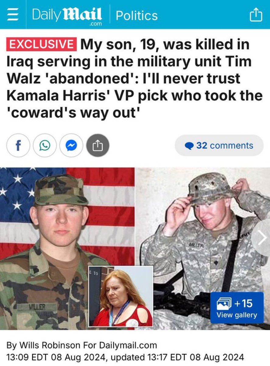 CRRJA5's tweet photo. EXCLUSIVEMy son, 19, was killed in Iraq serving in the military unit Tim Walz 'abandoned': I'll never trust Kamala Harris' VP pick who took the 'coward's way out'

https://t.co/nqJ5qrOTYg https://t.co/ochswMwJO4