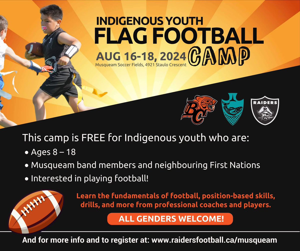 Calling on all Indigenous youth... Lets play football !!!  Richmond Raiders are excited to partner with Musqueam Indian Band and BC Lions to host a free flag football camp for Indigenous youth on Aug 16-18 at Musqueam Fields!   

Register and more info at raidersfootball.ca/musqueam