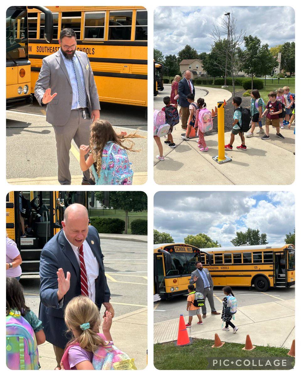 We finished the day strong with support from Asst. Supt. of Secondary Schools Ryan Taylor &amp; Steve Loser, Director of K-12 Initiatives. The extra hands at arrival and dismissal the first few days of school help us reinforce routines to keep students safe.  High fives all around!