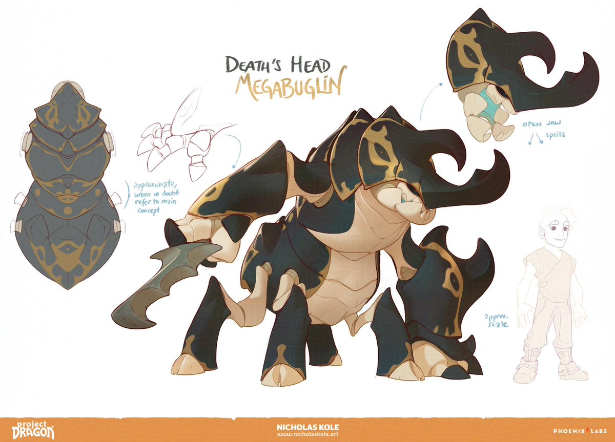 FromHappyRock's tweet image. Been excited to share this one- The Death’s Head Megabuglin!! Trying to push scale and find an appealing design for a mini boss encounter and “rhino beetle centaur monster with orca coloration” just clicked