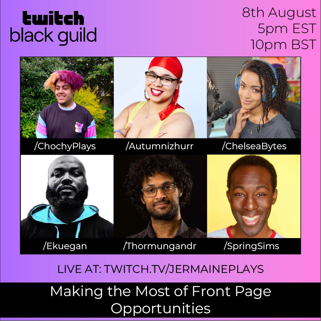 🌻 Stephen J Works || SpringSims 🌻 (@springsims) on Twitter photo RIGHT NOW I'm apart of a panel about Making the Most of Front Page Opportunities thanks to the Twitch Black Guild!
Moderated by: <a href="/ChochyPlays/">Choc</a>
Featuring
<a href="/Autumnizhurr/">Autumnizhurr ♿️🫀🫀🫀🫀♿️</a>
<a href="/ChelseaBytes/">Certified CableBender</a>
<a href="/Ekuegan/">EK</a>
<a href="/thormungandr/">Thormungandr</a>
<a href="/SpringSims/">🌻 Stephen J Works || SpringSims 🌻 🔜 DREAMCON</a>
2PM PST / 5PM EST / 10PM BST twitch.tv/JermainePlays RIGHT NOW I'm apart of a panel about Making the Most of Front Page Opportunities thanks to the Twitch Black Guild!
Moderated by: <a href="/ChochyPlays/">Choc</a>
Featuring
<a href="/Autumnizhurr/">Autumnizhurr ♿️🫀🫀🫀🫀♿️</a>
<a href="/ChelseaBytes/">Certified CableBender</a>
<a href="/Ekuegan/">EK</a>
<a href="/thormungandr/">Thormungandr</a>
<a href="/SpringSims/">🌻 Stephen J Works || SpringSims 🌻 🔜 DREAMCON</a>
2PM PST / 5PM EST / 10PM BST twitch.tv/JermainePlays