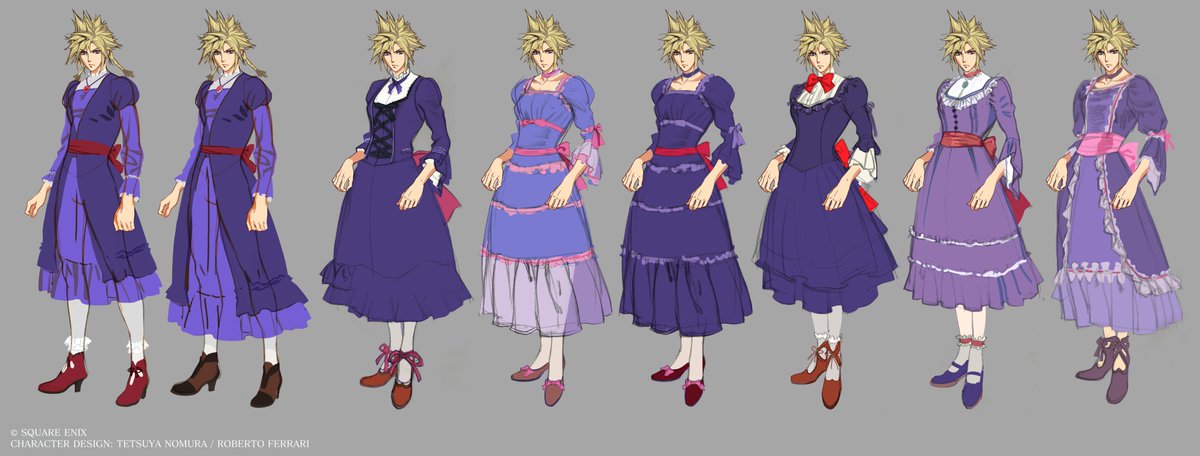 FF7_Trivia's tweet photo. Concept art sketches for Cloud's outfit for the Wall Market section of Final Fantasy VII Rebirth perhaps better mimic his model from the original Final Fantasy VII game, with a purple dress and red sash. https://t.co/4MCC4Ir8Md