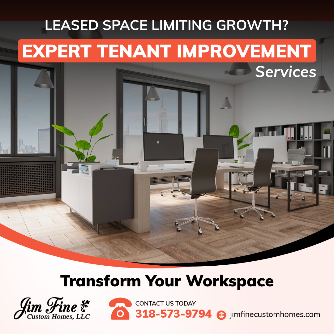 jimfinehomes's tweet image. Leased space cramping your style? 🏢🔧 Jim Fine Custom Homes transforms ordinary offices into extraordinary workspaces. Upgrade for comfort and productivity! 📞 318-573-9794 #TenantImprovements #OfficeUpgrade #JimFineCustomHomes