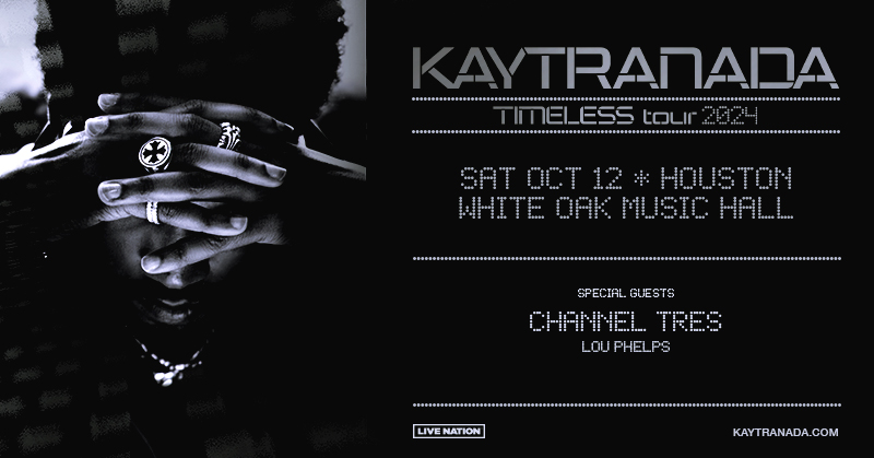 Get tickets now to see KAYTRANADA with special guests Channel Tres and Lou Phelps on the TIMELESS Tour at White Oak Music Hall on Saturday, October 12th.