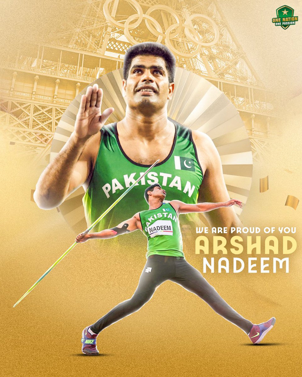 KF_Chaudary's tweet photo. 🥇 HISTORY IN PARIS 🥇

Arshad Nadeem secures Pakistan's first Olympics gold medal since 1984 with a record 9️⃣2️⃣.9️⃣7️⃣ metres throw! 🤩

#Olympics2024Paris 
#ArshadNadeem https://t.co/pmVjTZhlaD