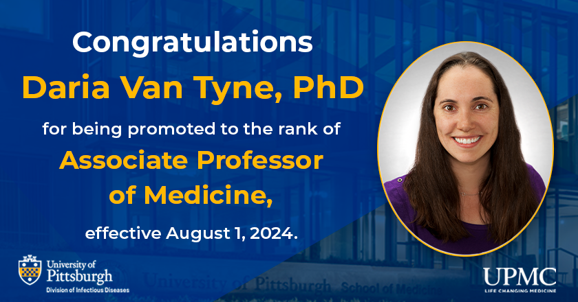 We are pleased to announce that Daria Van Tyne, PhD, has been promoted to the rank of Associate Professor of Medicine. Her  research on microbial genomics, antibiotic resistance, and bacteriophage therapy significantly advances our mission. Congratulations, Daria! 🎉 #idpittstop
