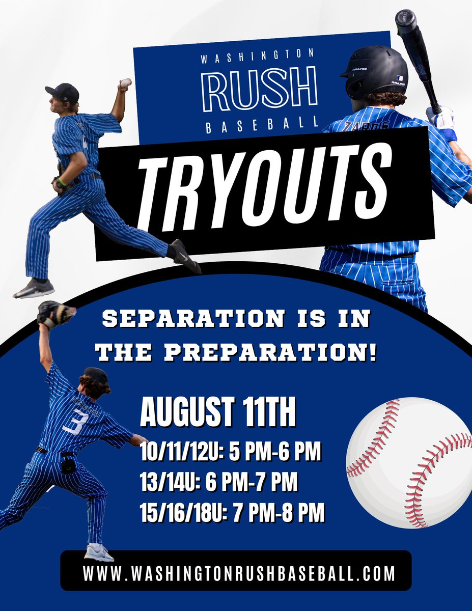 Rush Baseball (@rushbaseball1) on Twitter photo 🚨Washington Rush Tryouts 🚨
August 11th:
5pm-6pm - 10u/11u/12u
6pm-7pm - 13u/14u
7pm-8pm - 15u/16u/18u
Edmonds Woodway HS
.
Register online at the Rush website or contact Jake at jbeattiger@washingtonrush.com 🚨Washington Rush Tryouts 🚨
August 11th:
5pm-6pm - 10u/11u/12u
6pm-7pm - 13u/14u
7pm-8pm - 15u/16u/18u
Edmonds Woodway HS
.
Register online at the Rush website or contact Jake at jbeattiger@washingtonrush.com
