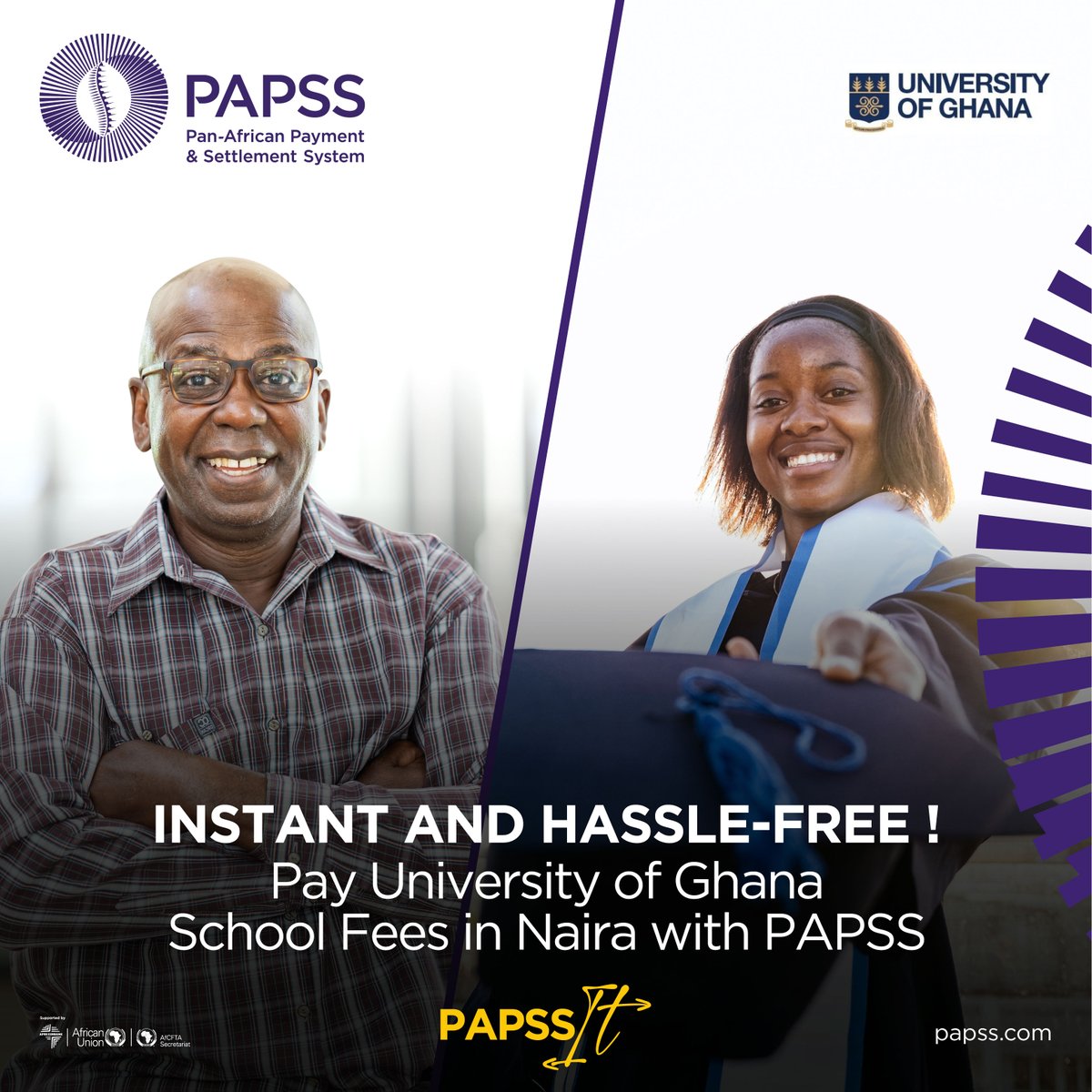 papss_africa's tweet photo. Their future starts now!

Pay school fees at @UnivofGh  University of Ghana instantly from Nigeria in Naira with #PAPSS without any hassle of currency.

It’s fast, safe and secure.

#PAPSSIt in any UBA, Access Bank, Stanbic, Fidelity Bank, Lotus Bank, Parallex Bank, Providus Bank branches in Nigeria.
#Afreximbank #AfCFTA #AfricanUnion #BorderlessAfrica #CrossBorderPayments #IntraAfricanTrade #Africa #UniversityOfGhana
