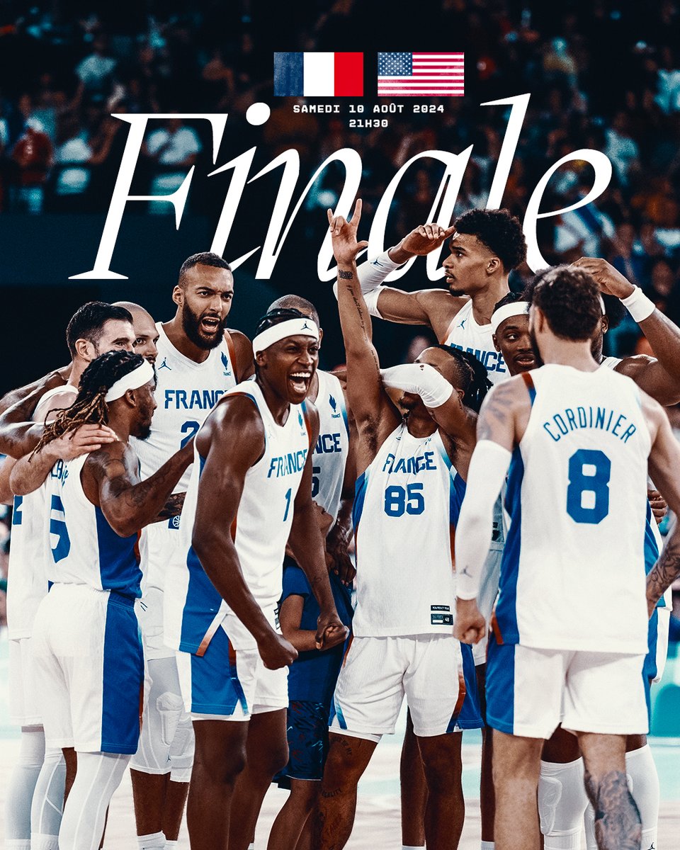 Un final en apothéose ⚔️

Rendez-vous samedi 10 août à 21h30 pour la finale des Jeux Olympiques face aux États-Unis 🇺🇸

#TeamFranceBasket | #PassionnémentBleu | #Paris2024