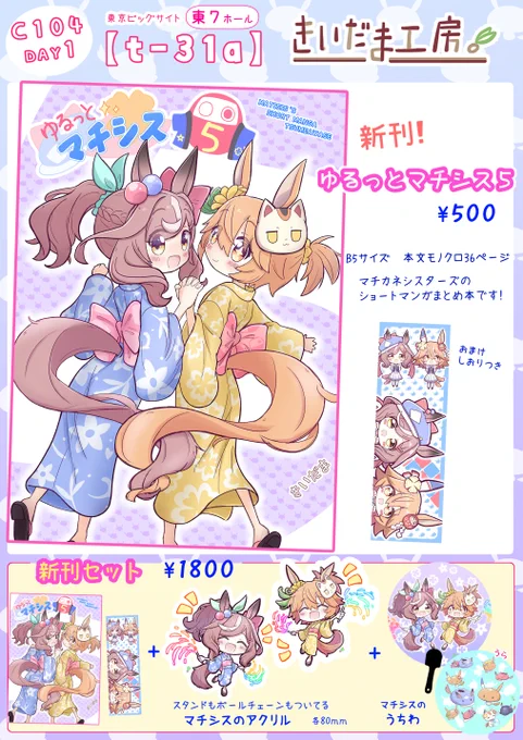 夏コミのお品書きができました!!

8/11(日) 1日目 配置【東t-31a】です!

今回のマチシスは新刊もセットも浴衣まつり!
既刊もグッズもあります!
よろしくお願いいたしますー!!✨
#C104 
