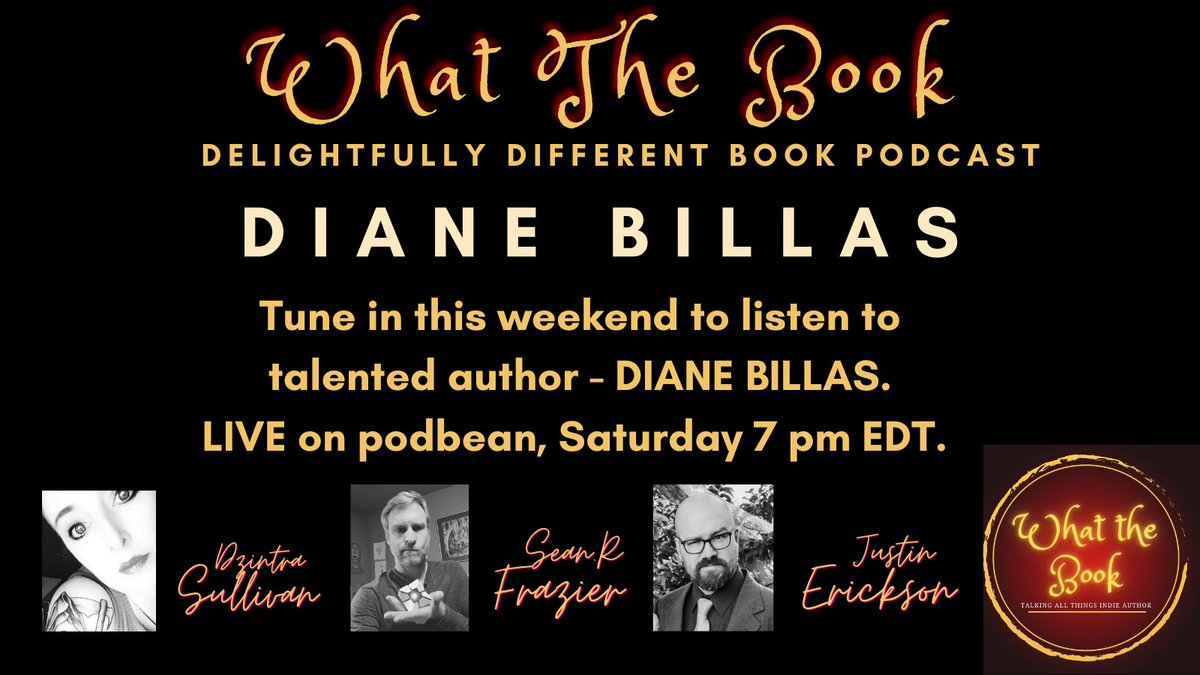 #Bookers

This weekend we will sit and talk to the talented author <a href="/dianebillas/">Diane Billas queer YA author</a> 

Listen #Live on <a href="/podbean/"></a> or at your leisure on <a href="/Spotify/">Spotify</a> 

Hosts 
<a href="/TheCleftonTwain/">Sean R. Frazier, Author</a> 
@maladjustined 
<a href="/DzintraSullivan/">Dzintra - Author</a>
