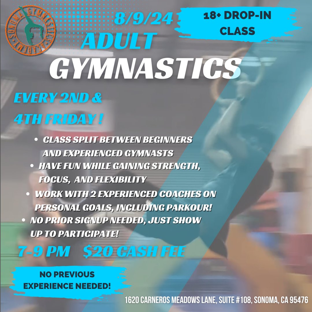 Are you an adult who wants to learn Gymnastics? Tomorrow night is your chance!

It costs $20 per person, with no prior sign-up or experience needed. Just show up ready to work hard!

Learn more:
sonomagymnasticsacademy.com/home/adult-gym…

#adult #class #sonoma #tgif #gymnastics #academy #olympics