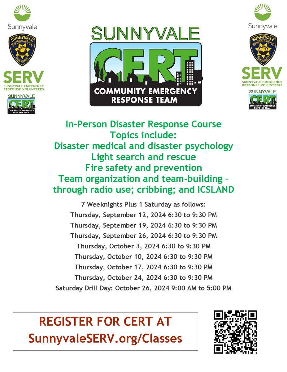 SunnyvaleDPS's tweet photo. Our free Community Emergency Response Team (CERT) training program prepares you to make a difference in an emergency. Please join us at the next in-person training session that will run from 9/12 through 10/26. See flyer for details. Join us! You’ll be glad you did! https://t.co/TGqsLAdt8s