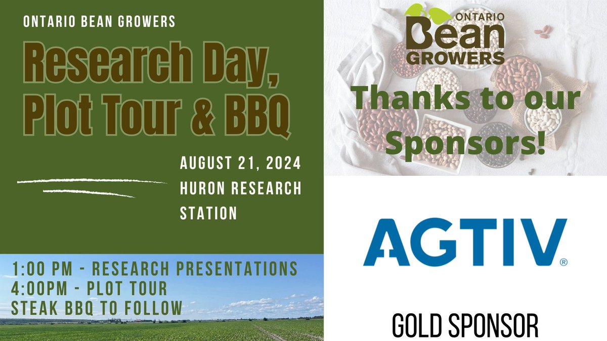 Thanks to <a href="/PTAGTIV/">AGTIV</a> for sponsoring our upcoming Research Day on August 21st at the Huron Research Station.

Registration is closed.  If you are interested in attending and have not registered, email olivia@ontariobeans.on.ca.