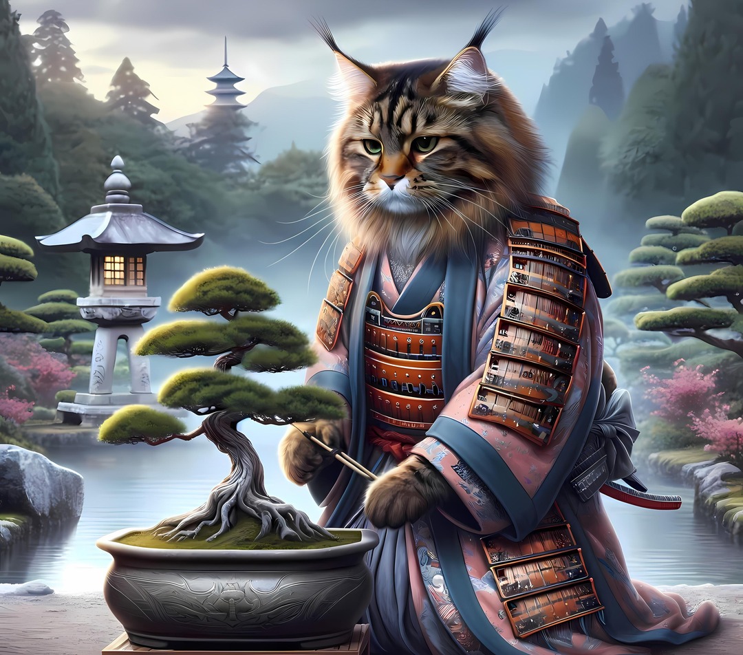 kimonocatcups's tweet photo. Samurai Shogun Cat, adorned in armor with a regal air, prowls with the spirit of ancient warriors. 
#samurai #shogun #catwarrior #historicalfeline #japanesecat #bonsai
#felineloyalty #petsofsamurai #felinehonor #samuraicat  
#katanaclaws https://t.co/ns6mcL6EoJ