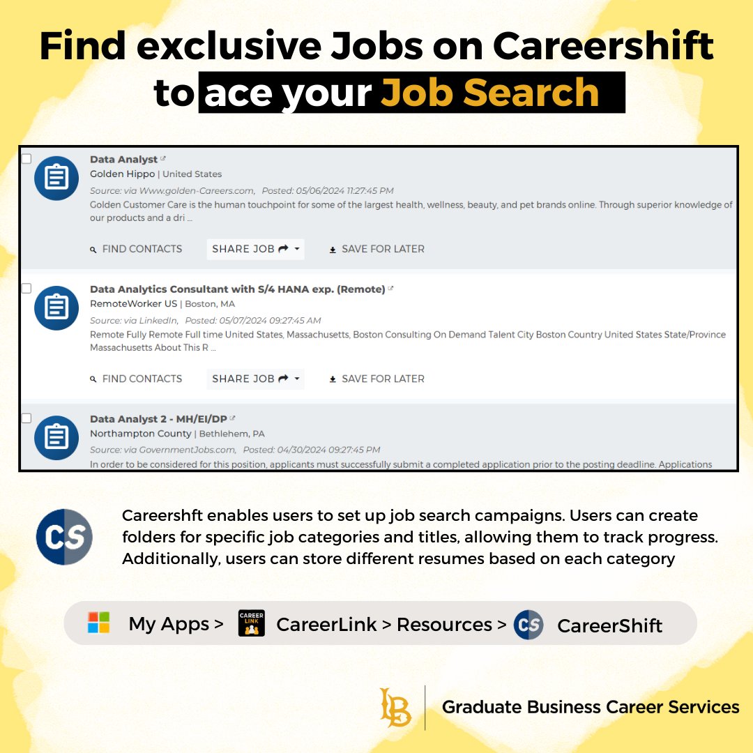 Unlock exclusive job opportunities with CareerShift to supercharge your job search! 

Access CareerShift by logging into your SSO > CareerLink > Resources > CareerShift 🚀   

 #csulbGBCS #CareerShift #JobSearchSuccess 🌟🔍