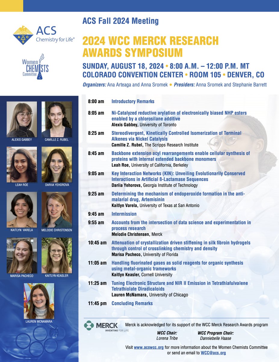 AcsWcc's tweet image. Don&apos;t miss the WCC Merck Research Award Symposium at the Fall ACS meeting! It will be held on Sunday, August 18, at the Colorado Convention Center. Be sure to add it to your ACS calendar!
