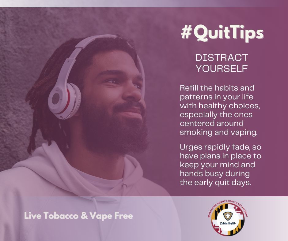 WorcesterHealth's tweet image. #QuitTips Start rolling in new habits to keep your mind off of the thought of smoking.
Call us today for more resources to help support you: 410-632-1100 x 1102 or visit buff.ly/3YtVxul#LiveTo…