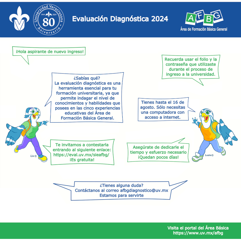AFBG_UV's tweet photo. Estudiante de nuevo ingreso,  la evaluación diagnóstica es esencial para tu formación, contéstala en: https://t.co/2MnDm8caue  usa el folio y contraseña del proceso de ingreso a la UV. Tienes hasta el 16 de agosto ¡Es gratuita! Dudas?👉afbgdiagnostico@uv.mx #ConoceTuUniversidadUV https://t.co/yTm22E4HMZ
