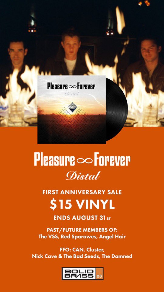 David Clifford (@cliffoda) on Twitter photo One Year Anniversary coming up for the first new <a href="/Pleasure4ever/">Pleasure Forever</a> recording in 20 years, Distal! The 12" LP is on sale for $15 all this month to celebrate.
Released by our good friends at <a href="/solidbrassrecs/">Solid Brass Records</a> on August 25th last year. One Year Anniversary coming up for the first new <a href="/Pleasure4ever/">Pleasure Forever</a> recording in 20 years, Distal! The 12" LP is on sale for $15 all this month to celebrate.
Released by our good friends at <a href="/solidbrassrecs/">Solid Brass Records</a> on August 25th last year.