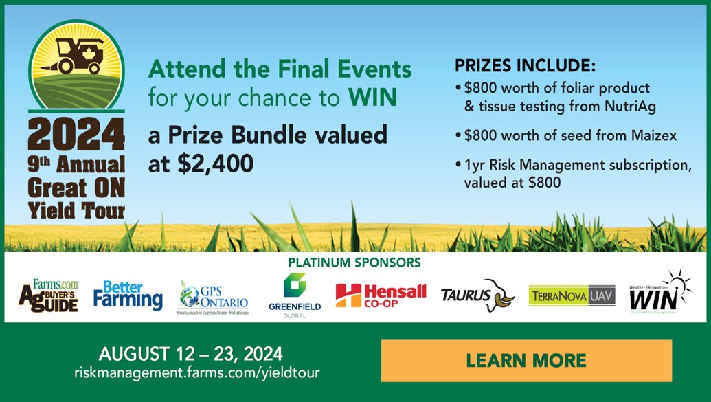 Attend one of the final events to #ONYield24Chesterville Aug. 22/Woodstock Aug. 29 &amp; enter our 245 #yield contest for a chance to win a $2400 <a href="/Maizex/">Maizex Seeds</a> <a href="/NutriAg/">NutriAg ®</a>  @FarmsMarketingprize package. Sign up today its free! <a href="/OntAg/">Farms.com Ontario</a>
riskmanagement.farms.com/events/ontario…
