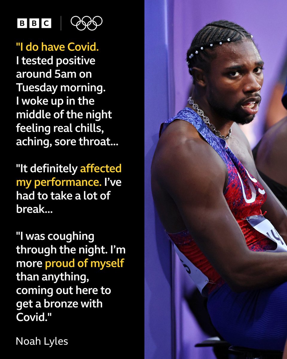 BBCSport's tweet photo. Noah Lyles says Covid affected his performance in the 200m 🤒

#BBCOlympics #Olympics #Euro2024 https://t.co/wahZ7gq4cf
