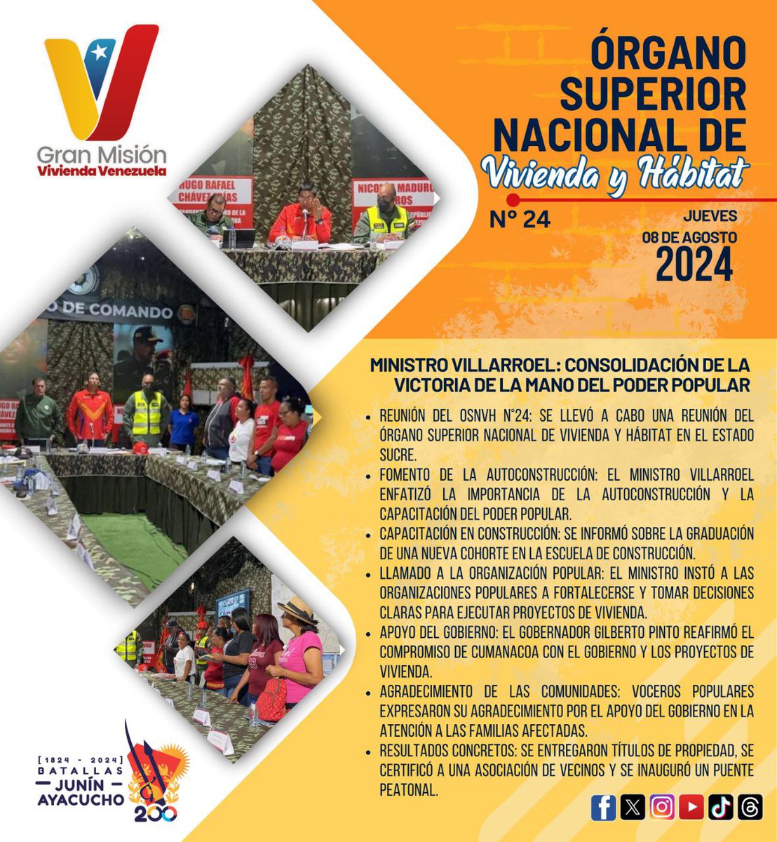 #TeEntéraste || Durante la reunión N° 24 del #OSNVH realizado  en el Puesto de Comando de Cumanacoa, el Min. Ildemaro Villarroel realizó importantes anuncios a continuación te mostramos los puntos más destacados en materia de construcción de viviendas   #PuebloSonrienteYEnPaz
